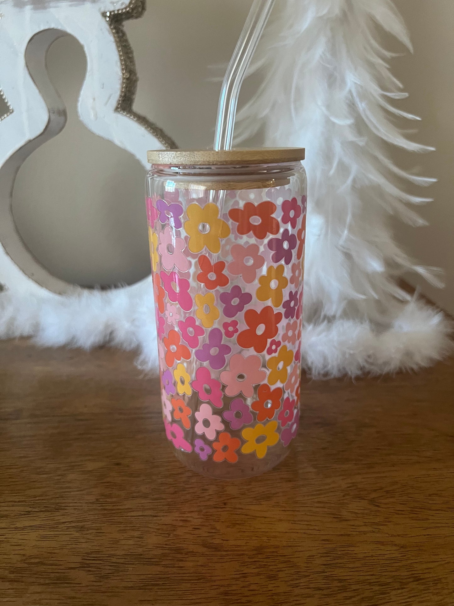 16 oz Glass Tumbler - colored flowers