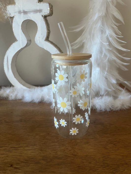 16oz Glass Tumbler - white flowers