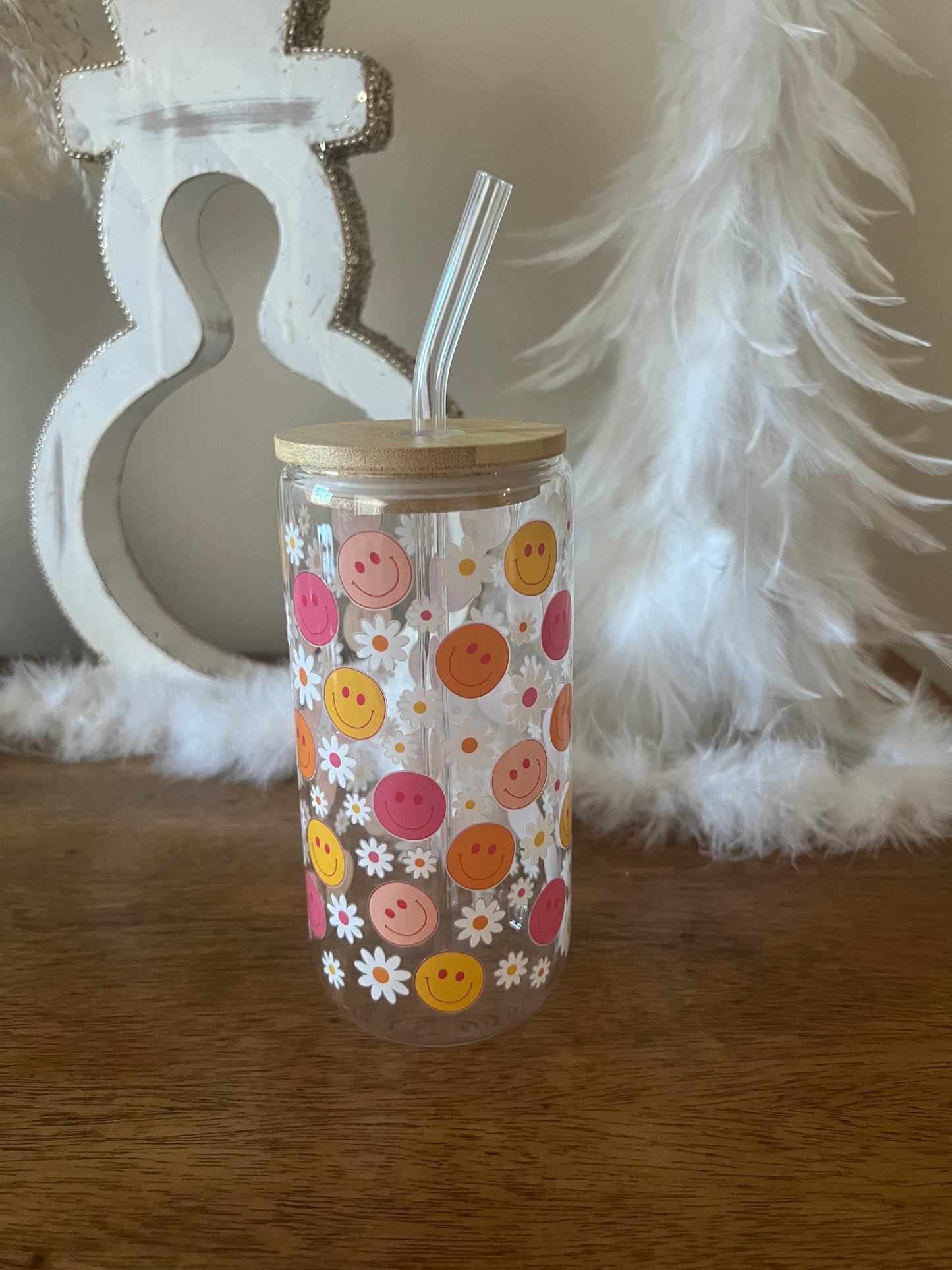 16 oz Glass Tumbler - smiley flowers